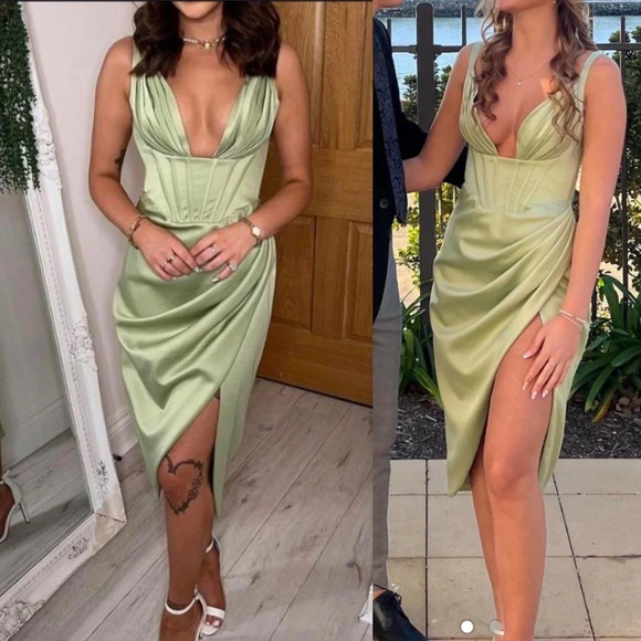 HOUSE‎ OF CB FAYE PISTACHIO SATIN CORSET MIDI DRESS NWOT size XS - Picture 1 of 16